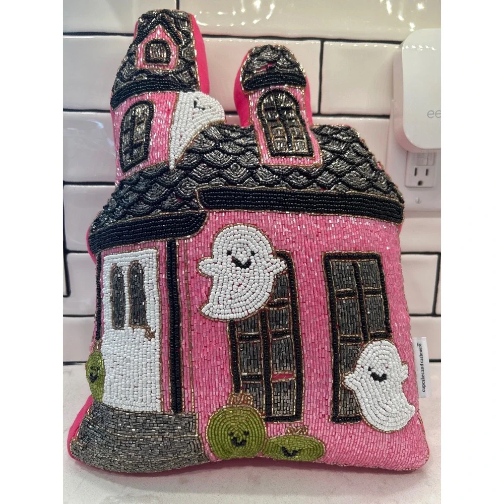 Cupcakes and Cashmere Pink Beaded Haunted House Ghost Halloween Decor Pillow